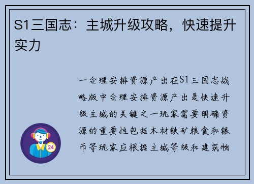 S1三国志：主城升级攻略，快速提升实力